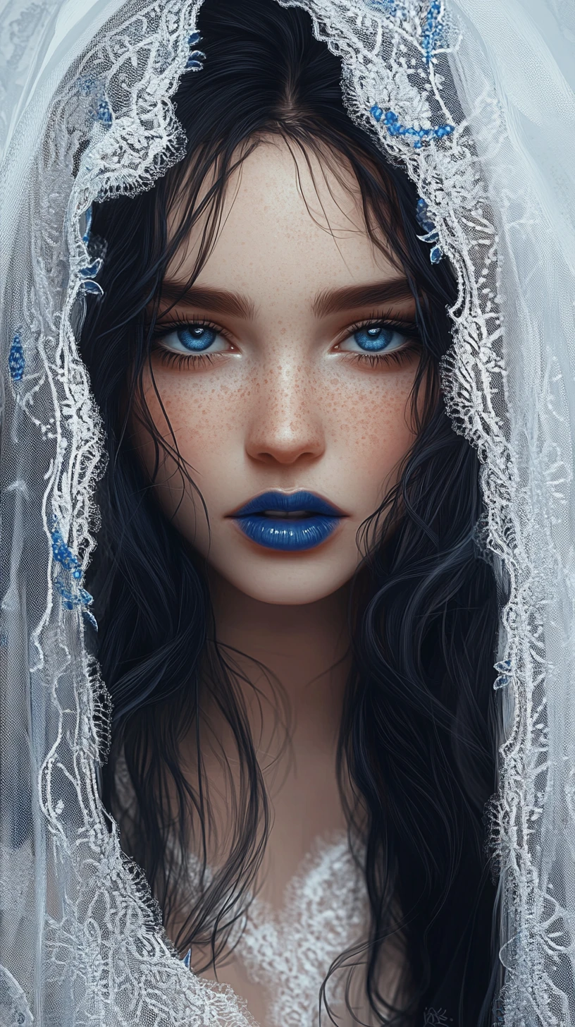 Blue eyed girl portrait with lace veil and dark hair