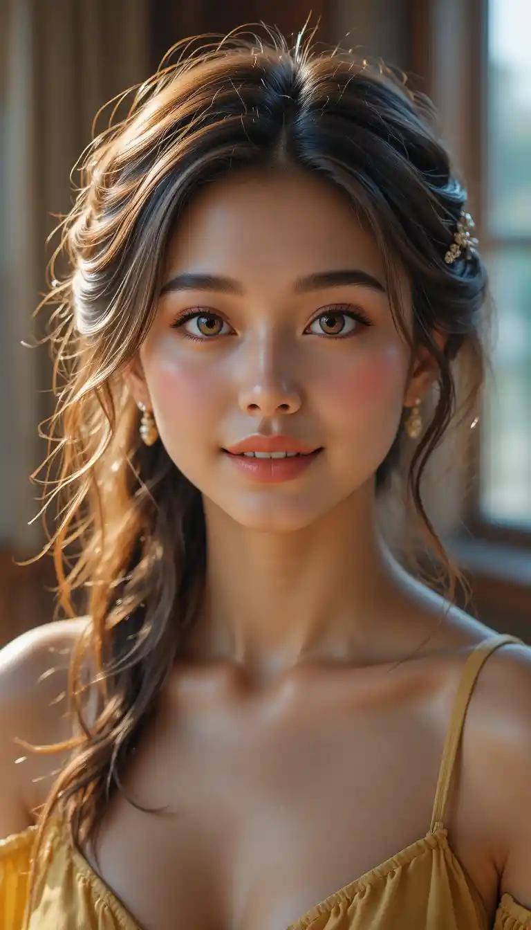Warm backlit portrait of a young woman in yellow blouse