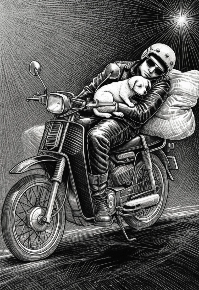 Tired biker sleeping on vintage motorcycle with puppy