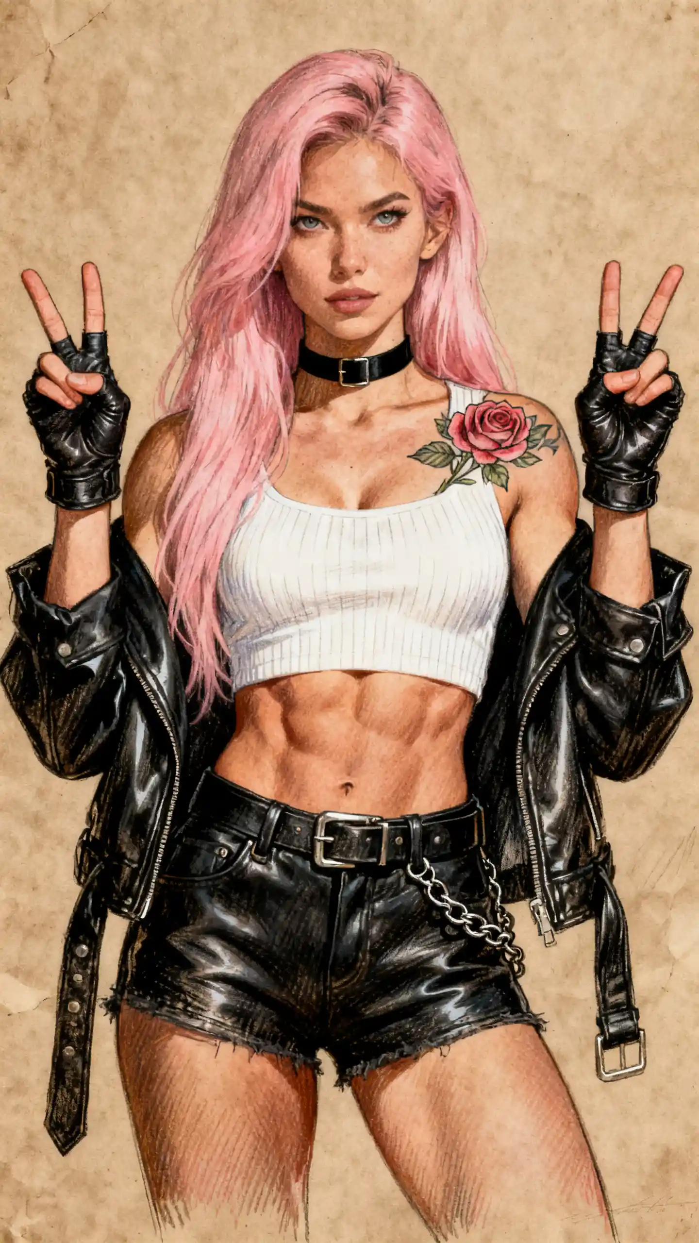 Athletic pink haired woman posing with double peace signs