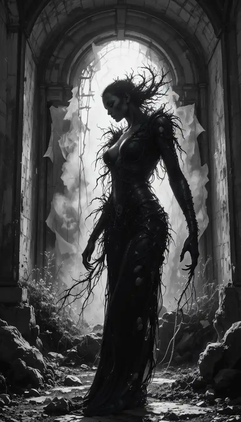 Abstract black and white monster in stark shadowy silhouette