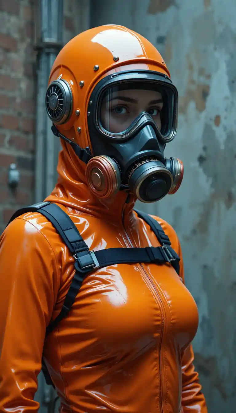 Woman in orange latex suit and gas mask holding hammer
