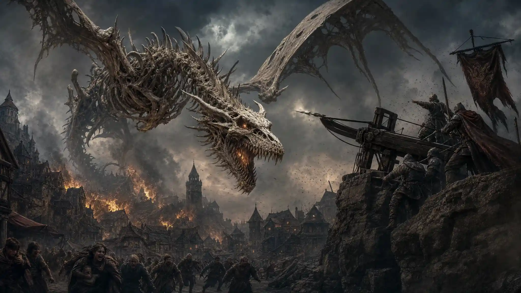 Bone dragon attacking an ancient village in dark fantasy scene