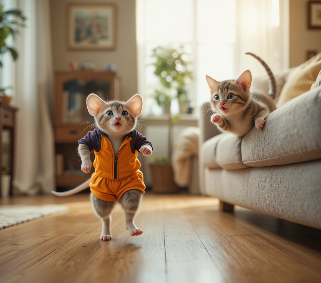 Playful kitten leaping from couch toward tiny mouse jogger