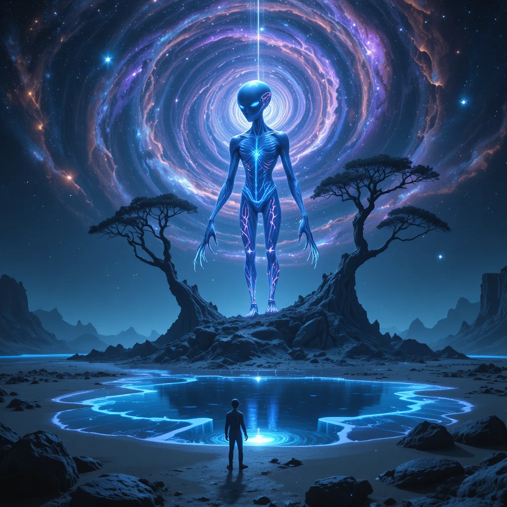 Bioluminescent alien on a floating island in cosmic space