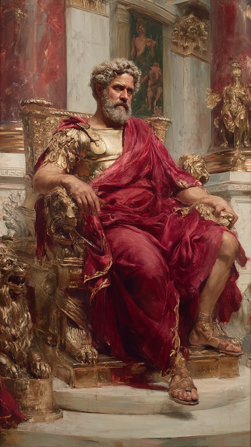 Roman emperor on bronze throne in grand palace