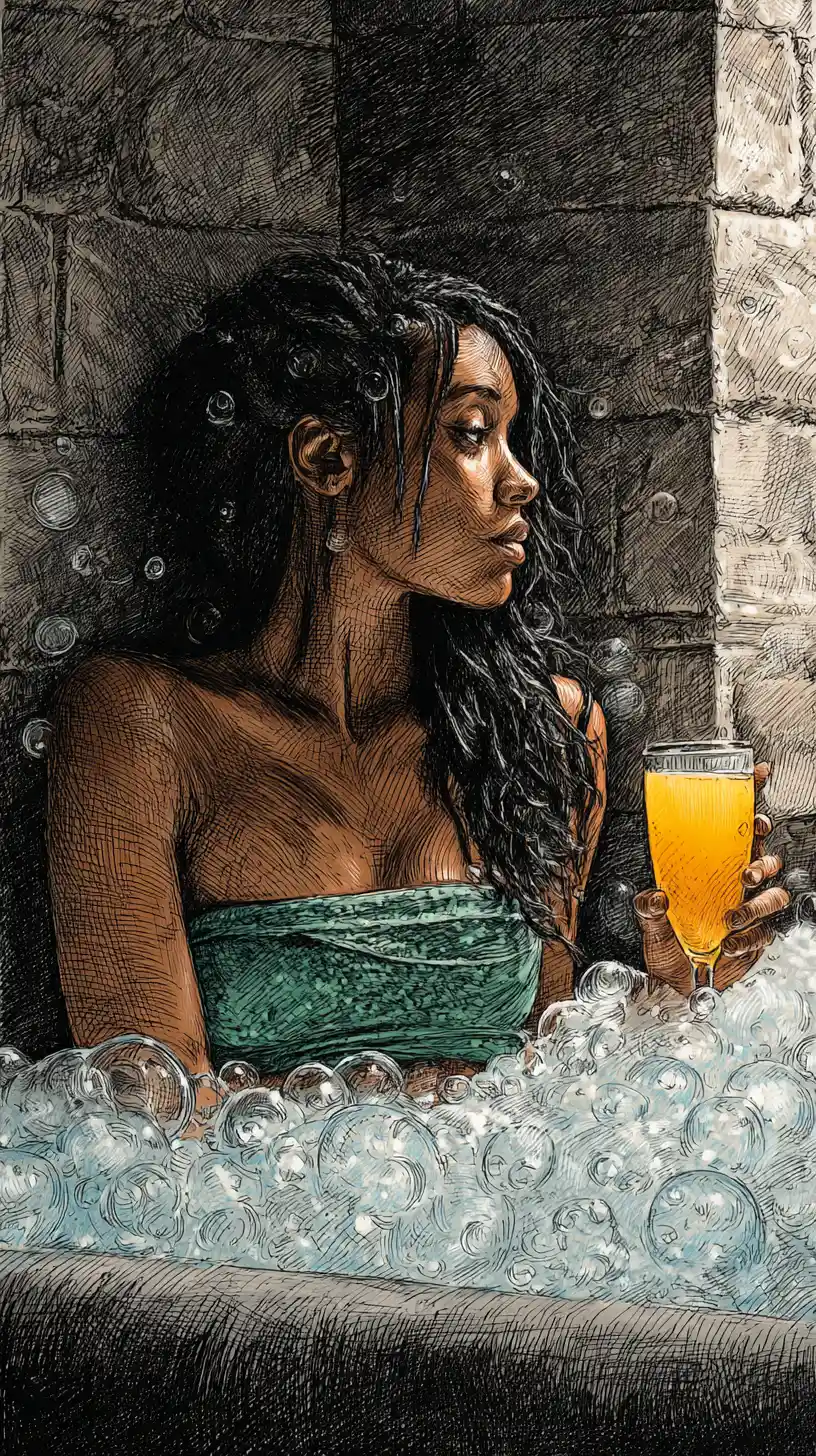 Thoughtful black woman relaxing in a foamy stone bathtub
