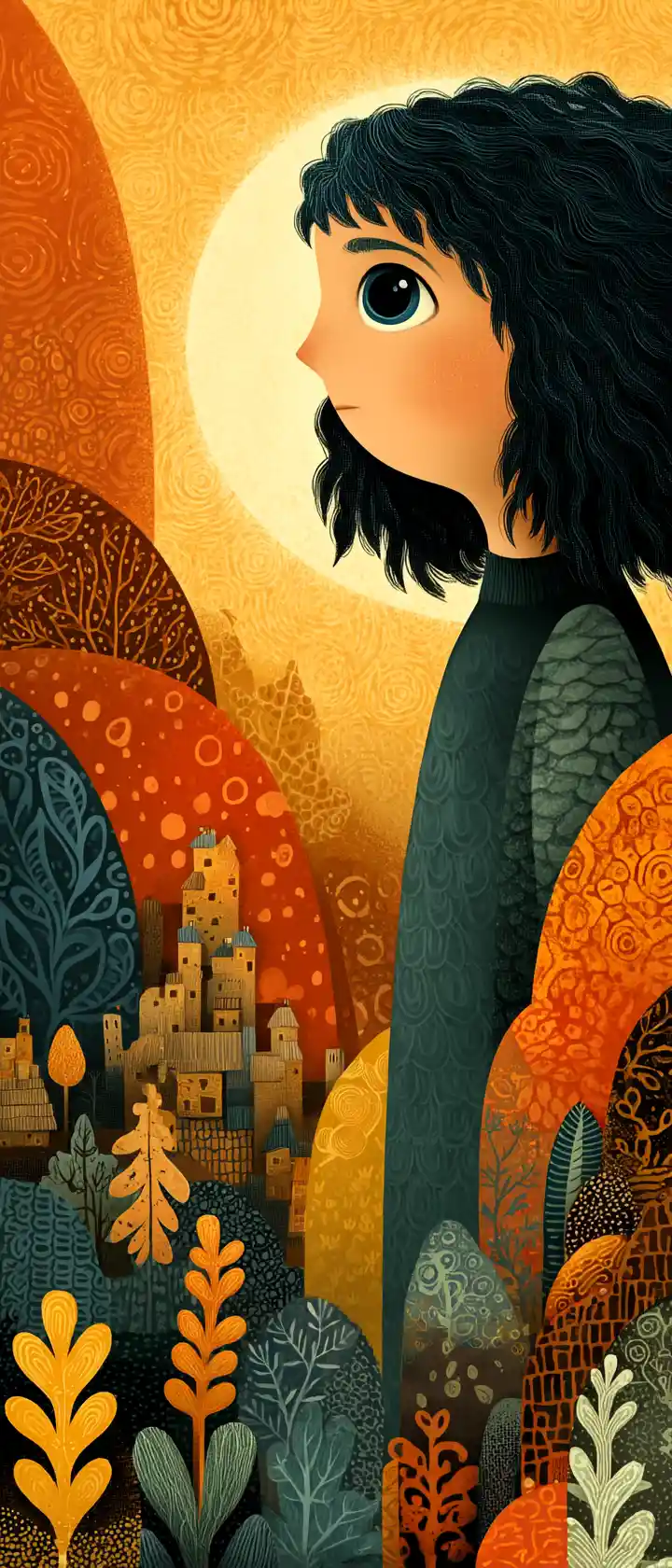 Gentle anime giant guarding a patterned fantasy village
