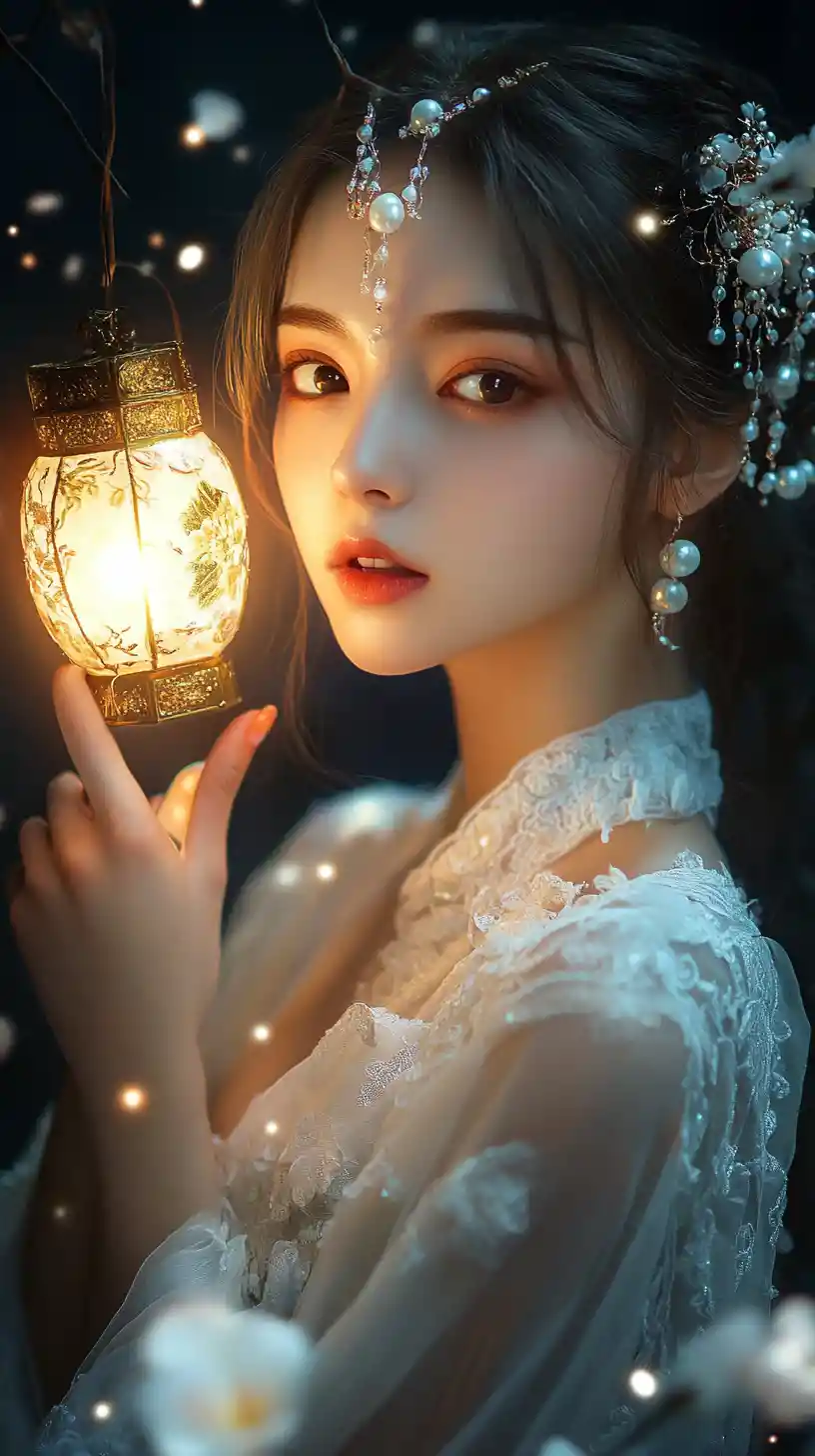 Fantasy girl with lantern in glowing petal filled darkness