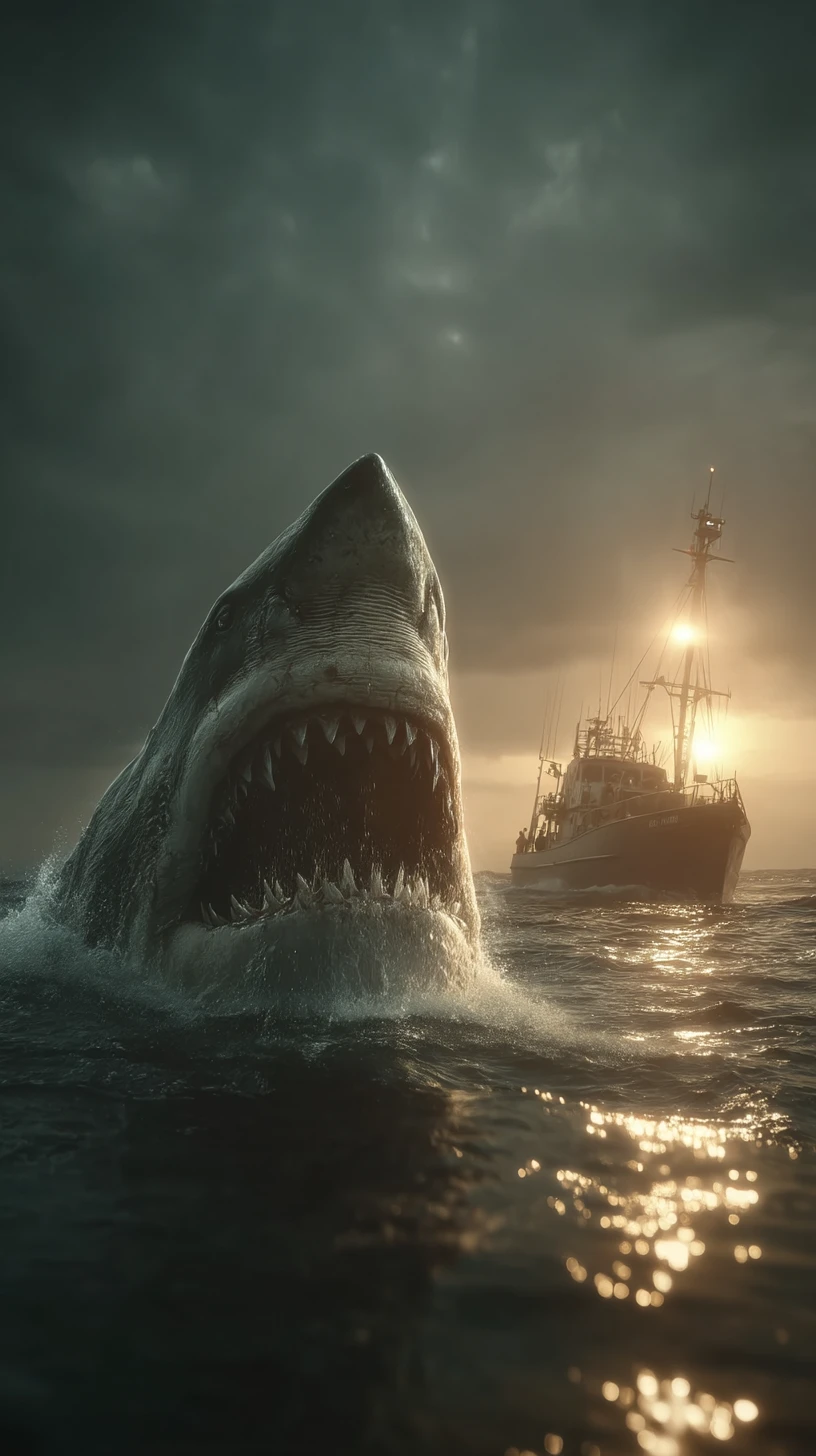 Colossal shark erupting from stormy ocean at twilight