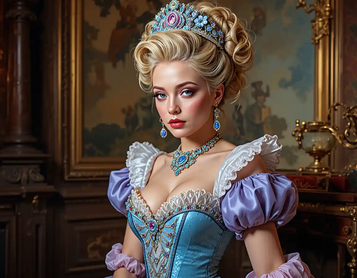 Blonde aristocratic woman in silk Marie Antoinette costume