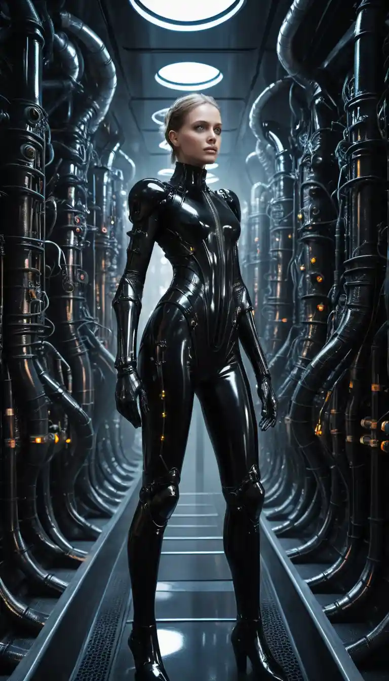 Biopunk Woman Engineer In Living Tubes And Organic Machinery