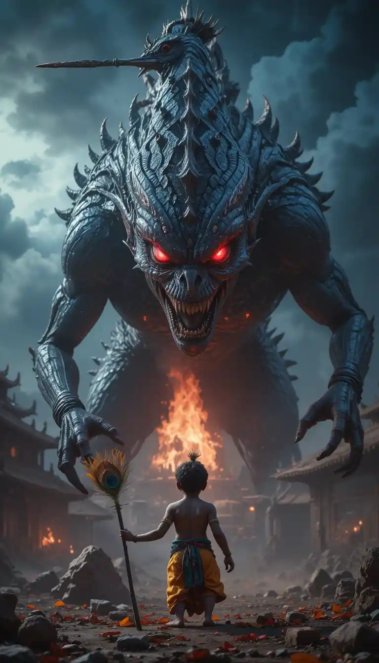 Terrifying crane monster attacking divine child in stormy sky