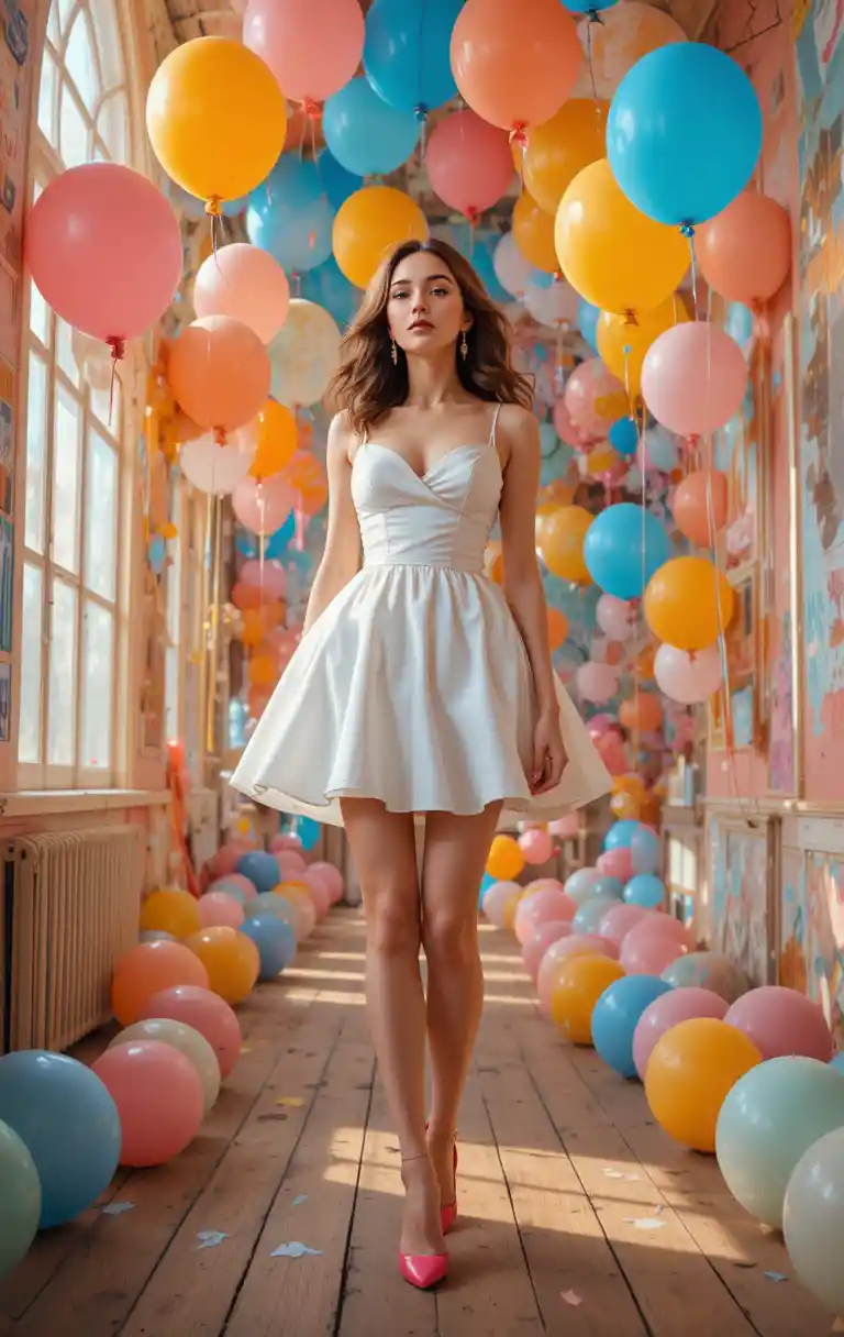 Woman in white fringed dress with balloons in hallway