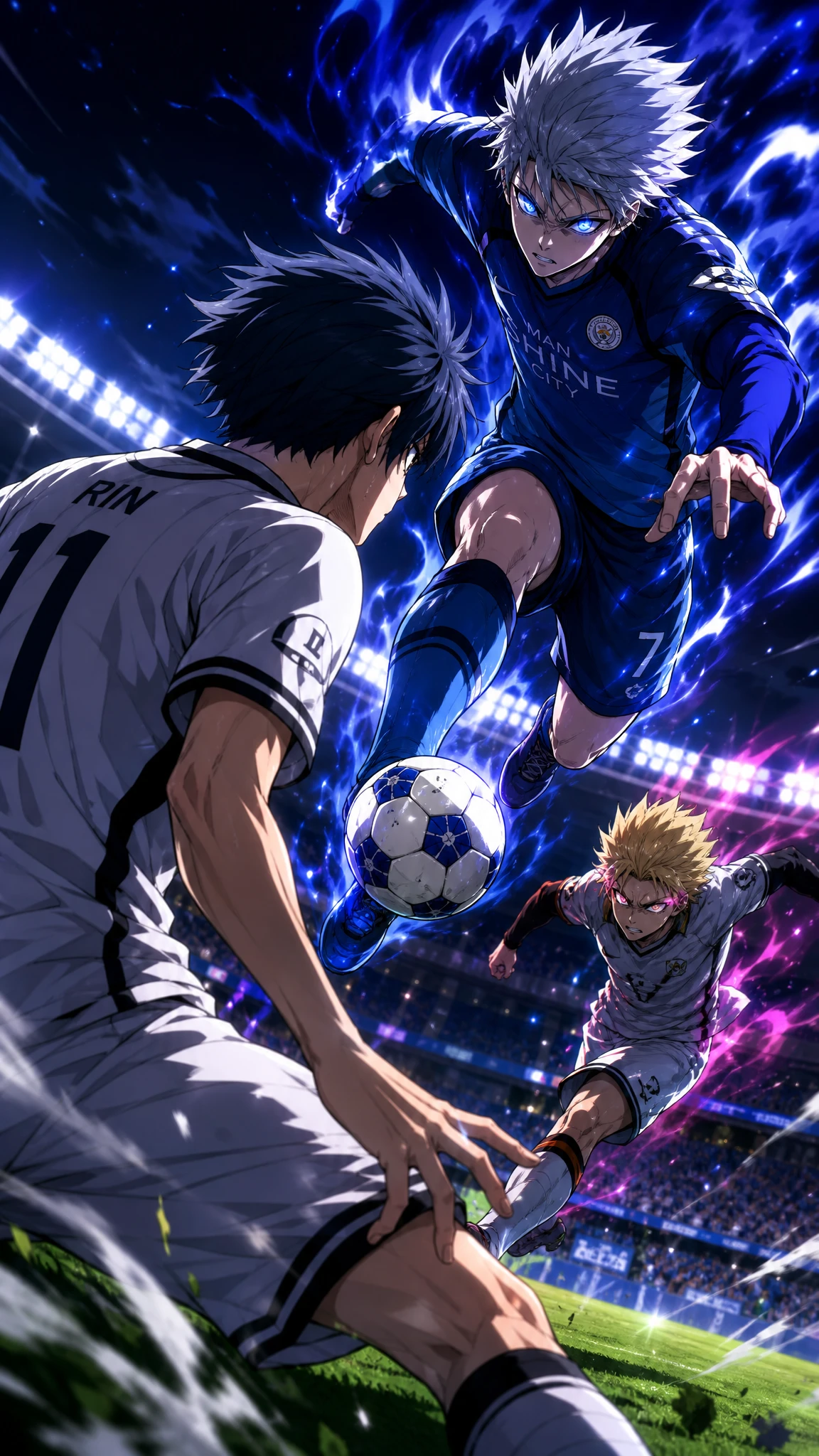 Anime soccer players clash in a fast action moment