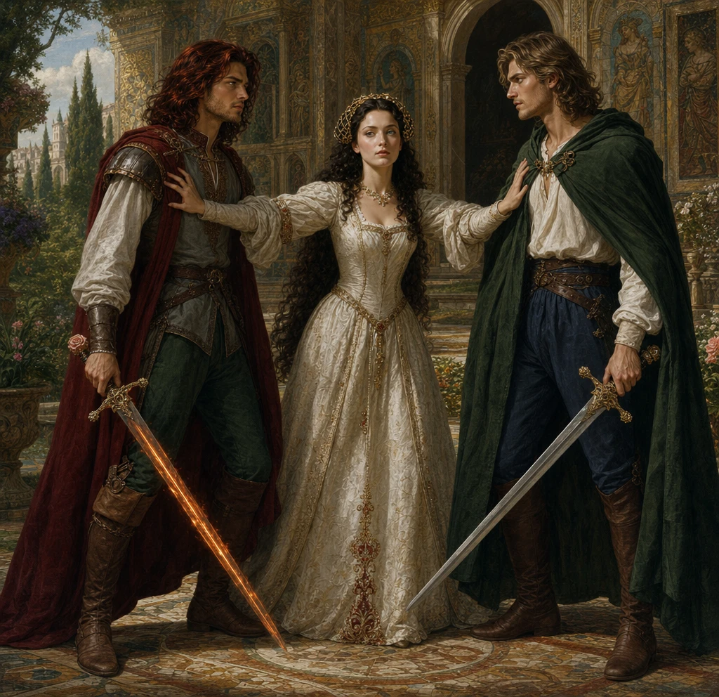Renaissance duel between two men in a castle garden