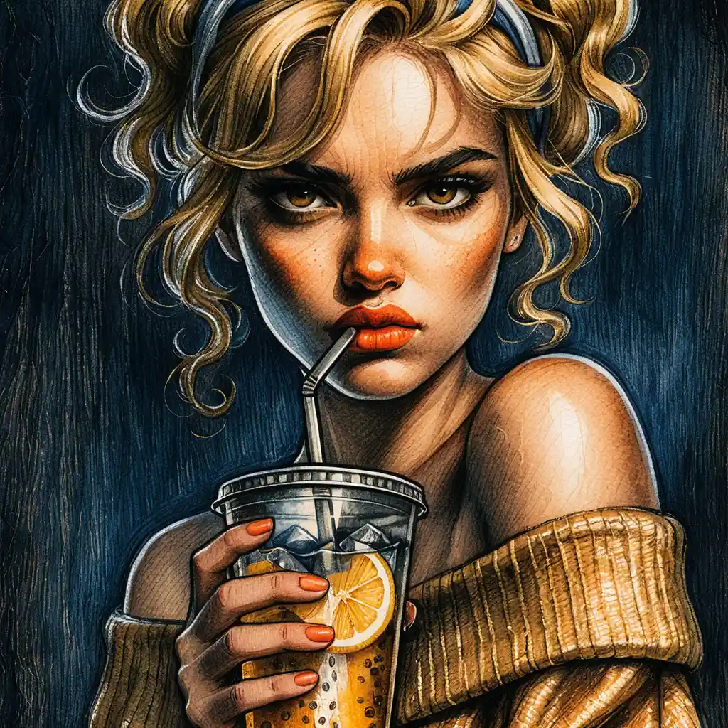 Defiant girl portrait with lemonade and intense golden gaze