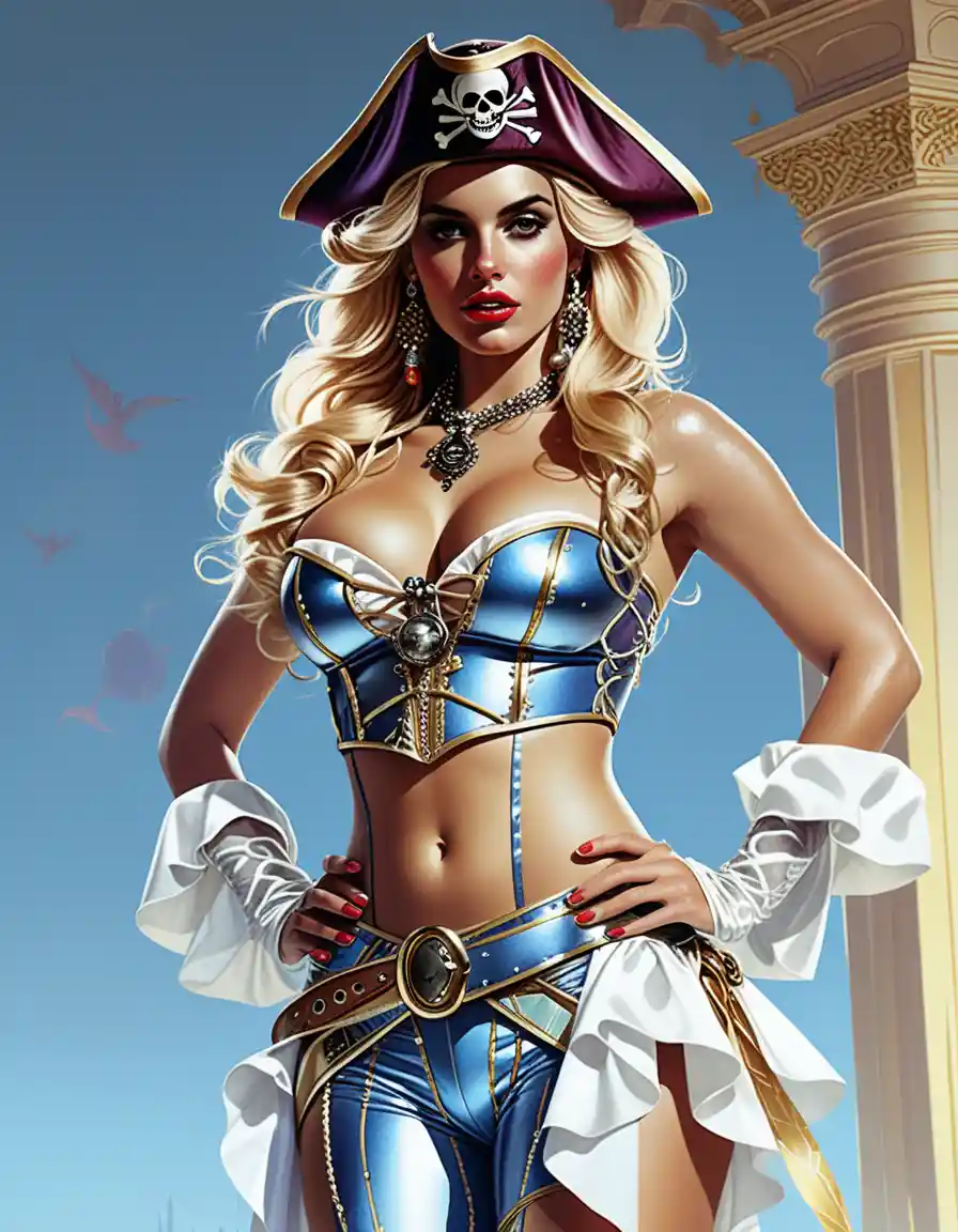 Seductive pirate woman in a jewel toned Caribbean room