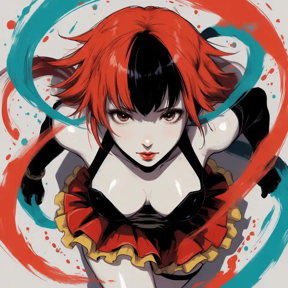 Fiery haired anime warrior woman in swirling abstract ribbons