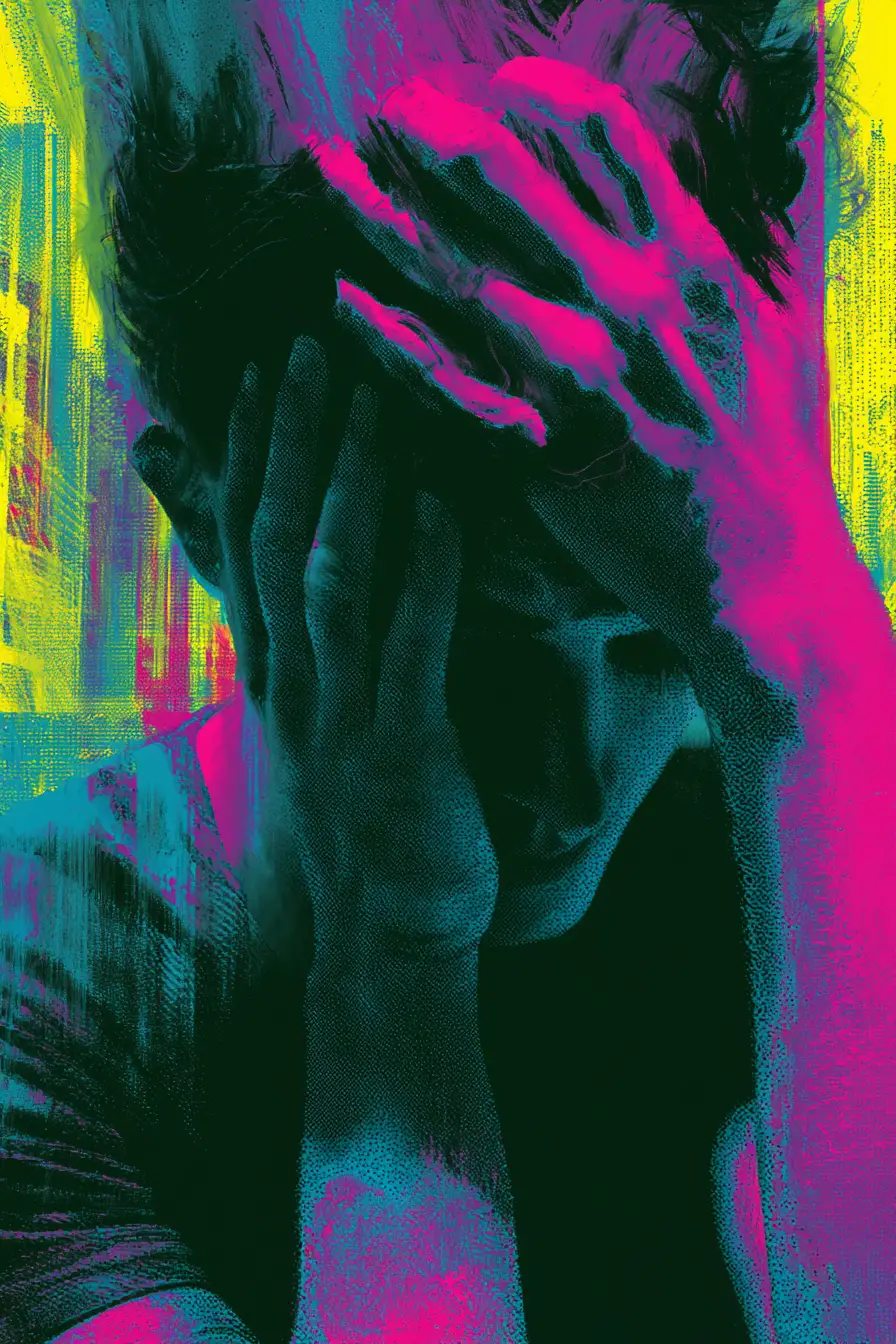 Overwhelmed mind in a neon soaked urban night scene