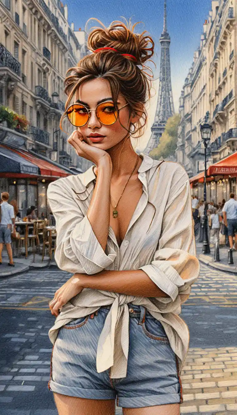 Mujer elegante en una calle de París en arte de lápices de colores