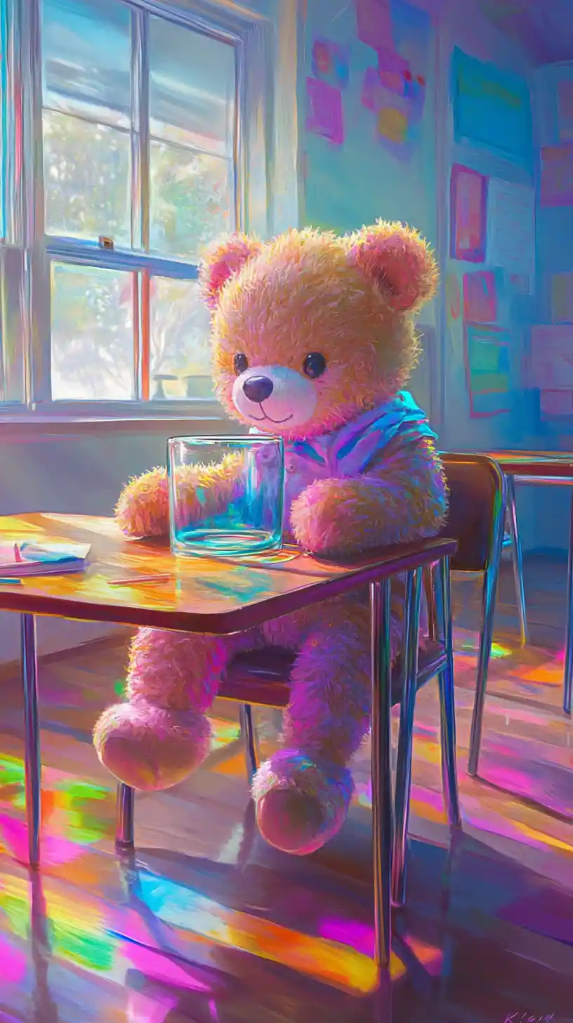 Cute teddy bear with glasses at a colorful school desk