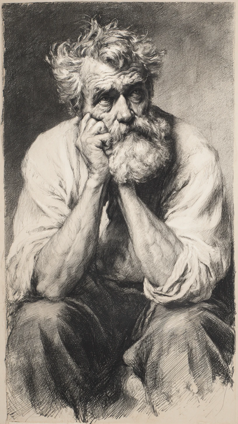 Charcoal portrait of an old man in pensive seated pose