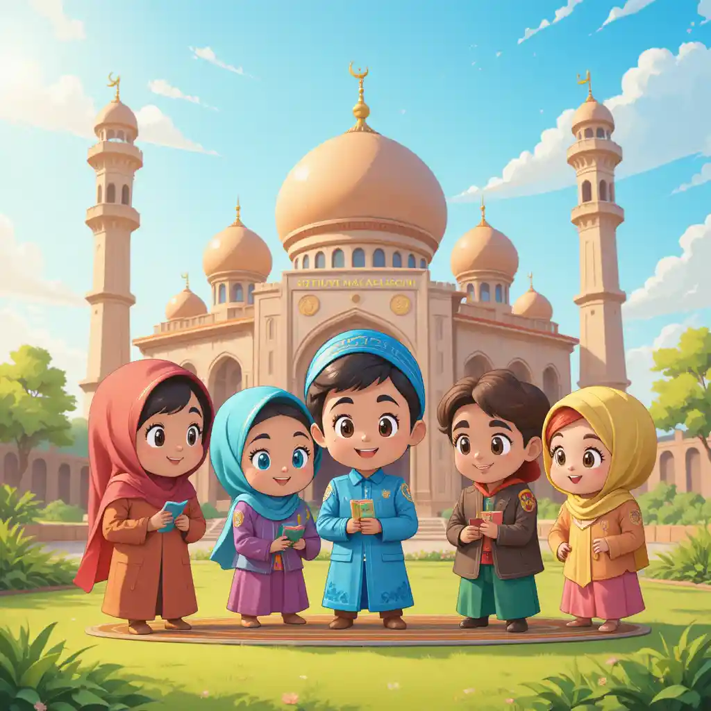 Happy Muslim children learning together by a colorful mosque