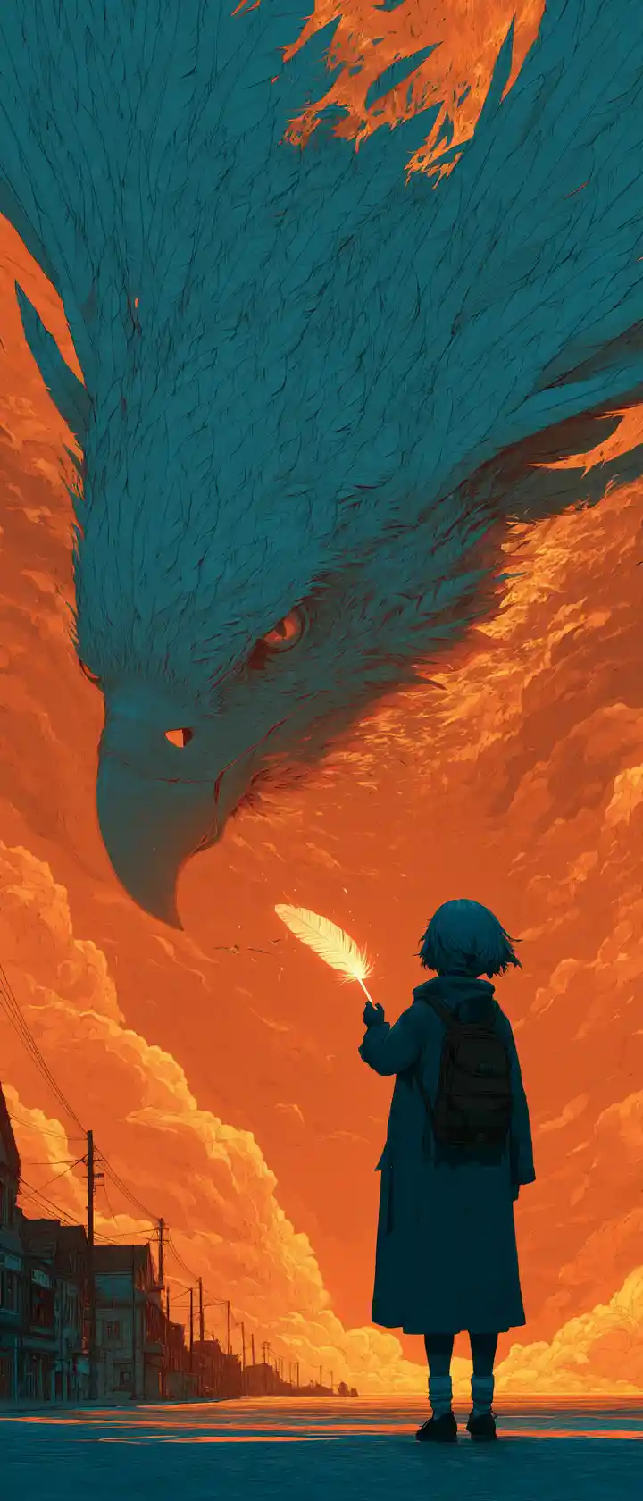 Anime child offering a glowing feather to a vast phoenix