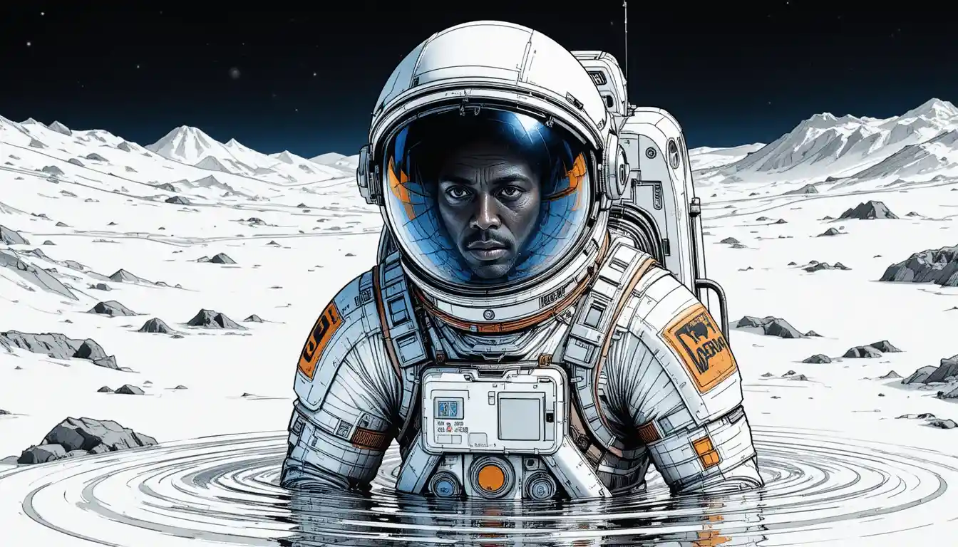 Astronaut floating in dark ocean under starry night sky