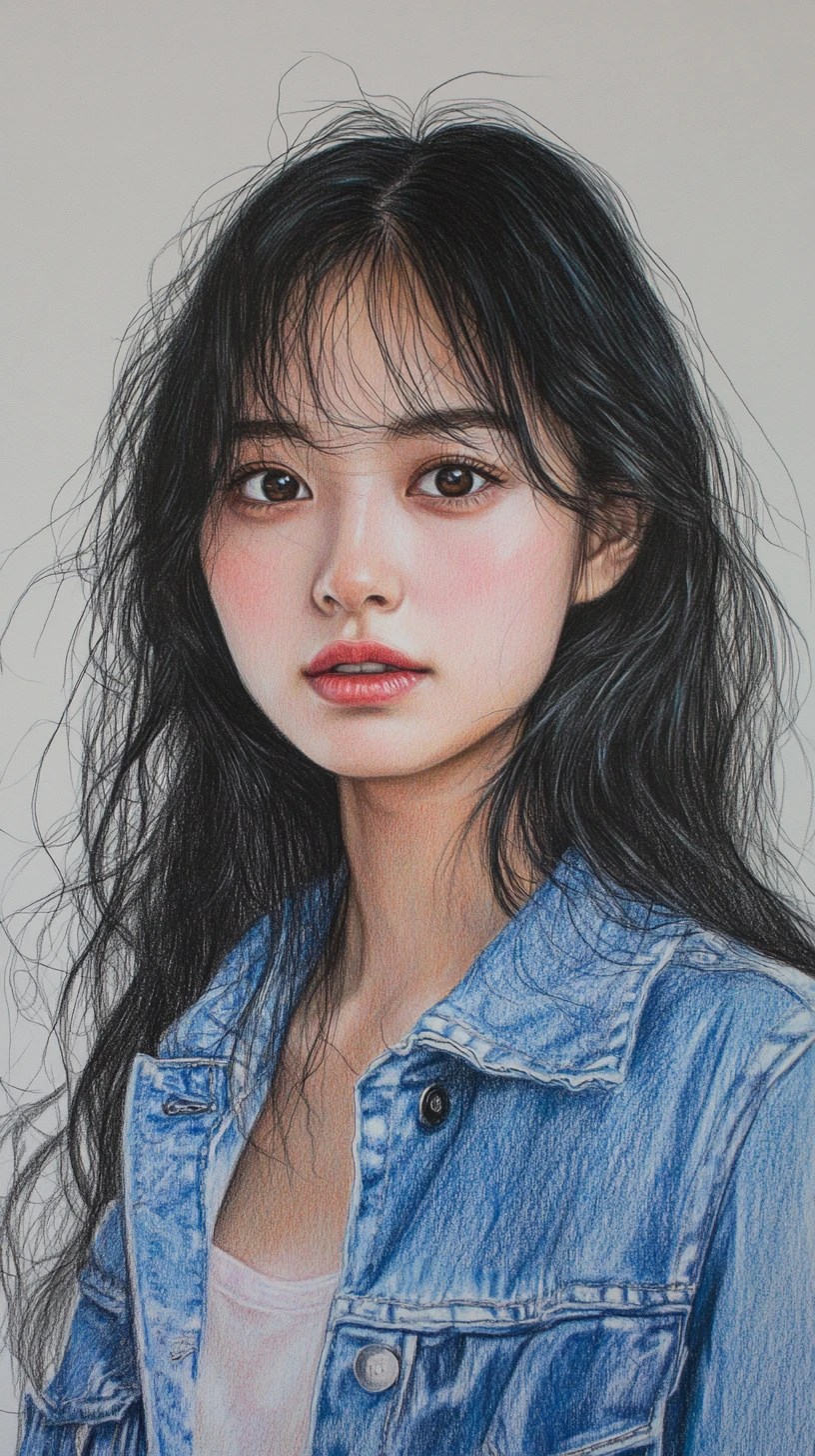 牛仔裝年輕亞洲女性的彩色鉛筆肖像