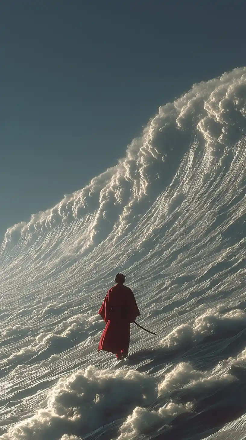 Flying warrior woman with sword in fantasy sky scene