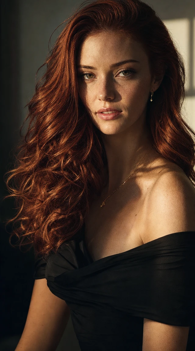 Young woman in sunlight with flowing red hair