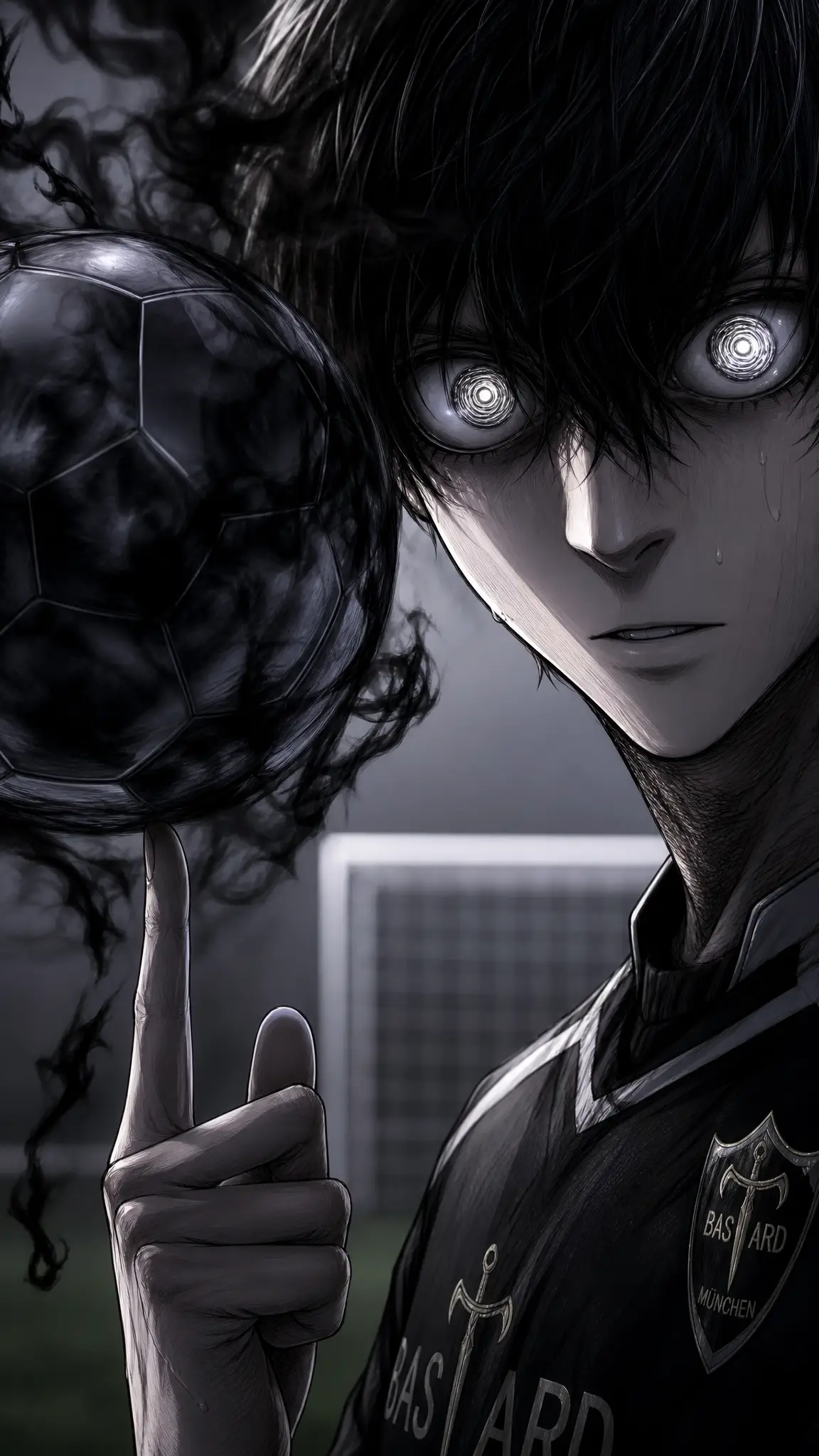 Anime man with swirling eyes spinning a dark soccer ball