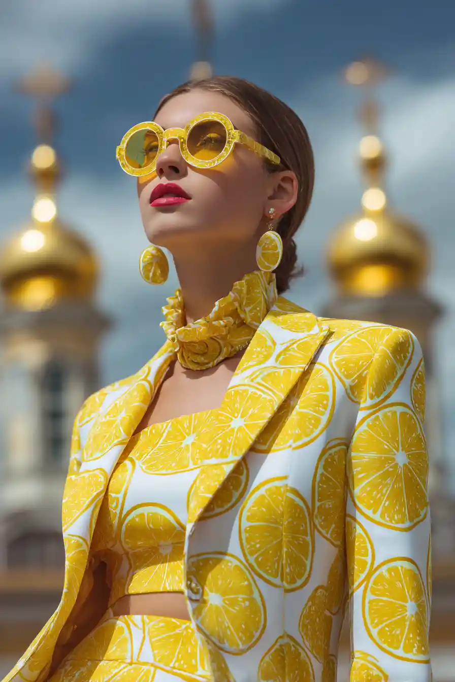 Avant garde woman in yellow citrus outfit before golden domes