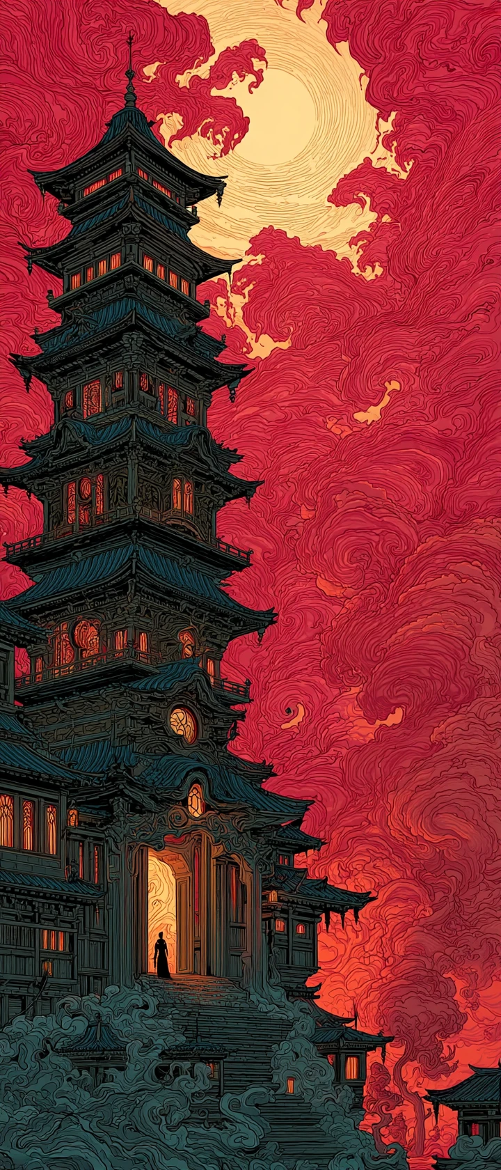 Espíritu kitsune de anime elevándose desde una colosal linterna de templo