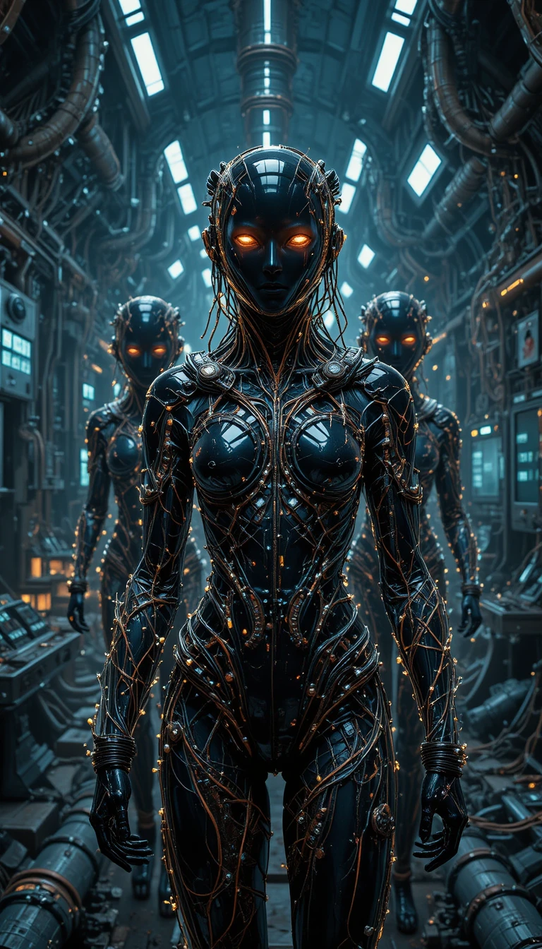 Ingegneri biopunk in una cattedrale biomeccanica vivente di tubi