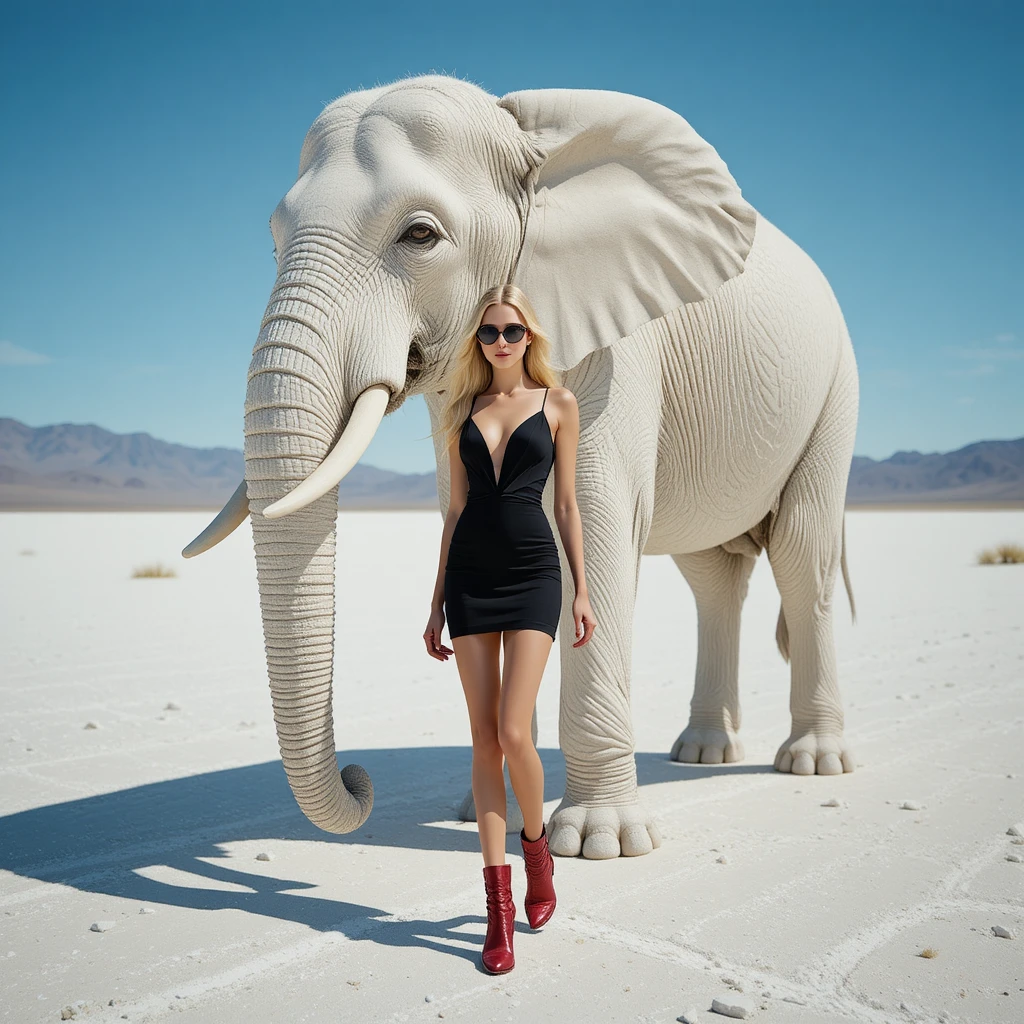 Fashion model walking with white elephant on salt desert