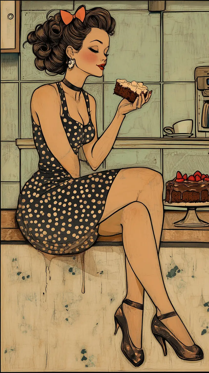 Brünette Pin-up-Girl auf der Theke mit Schokoladenkuchen