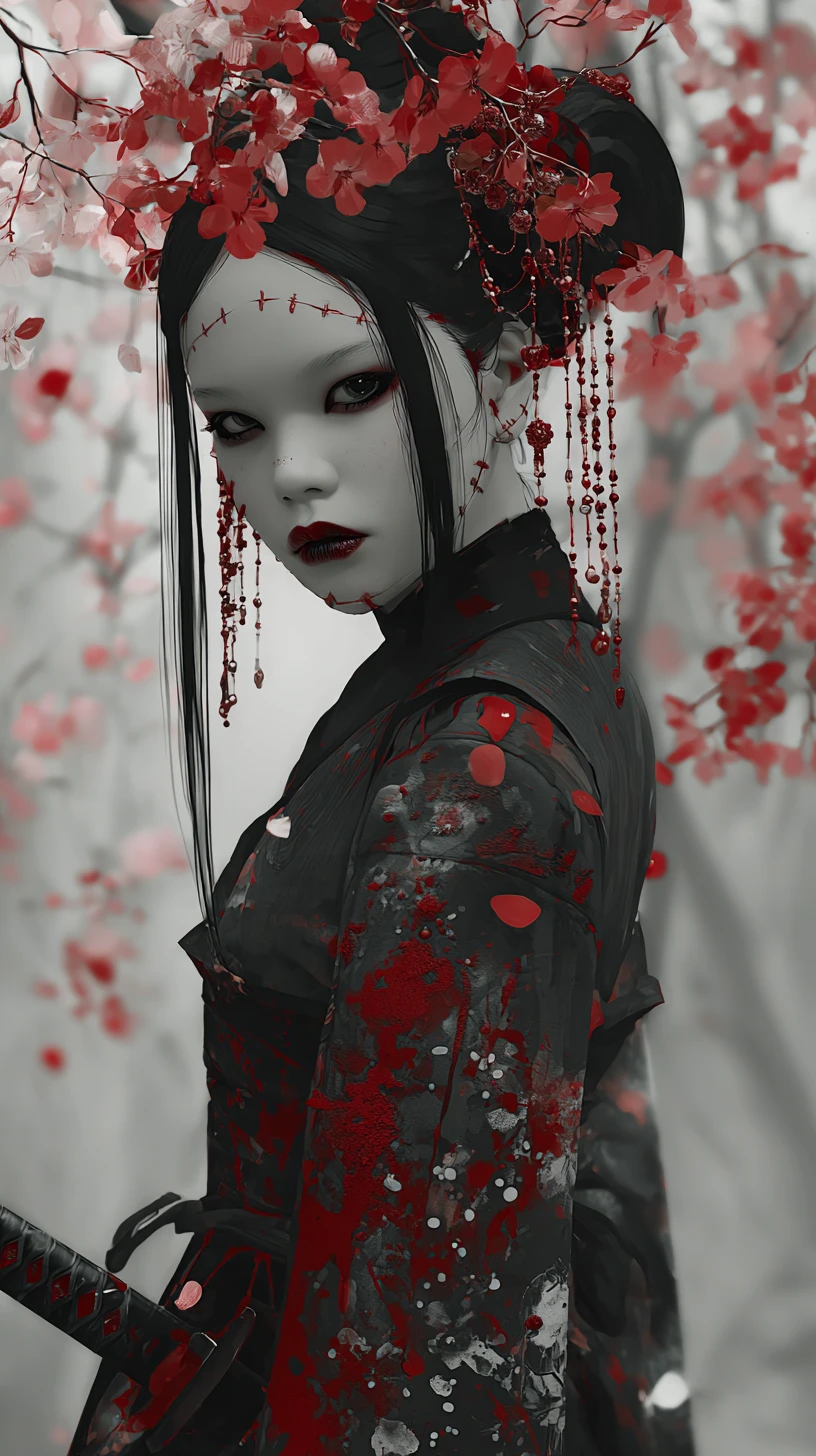 Gothic woman in bloodstained kimono with cherry blossoms