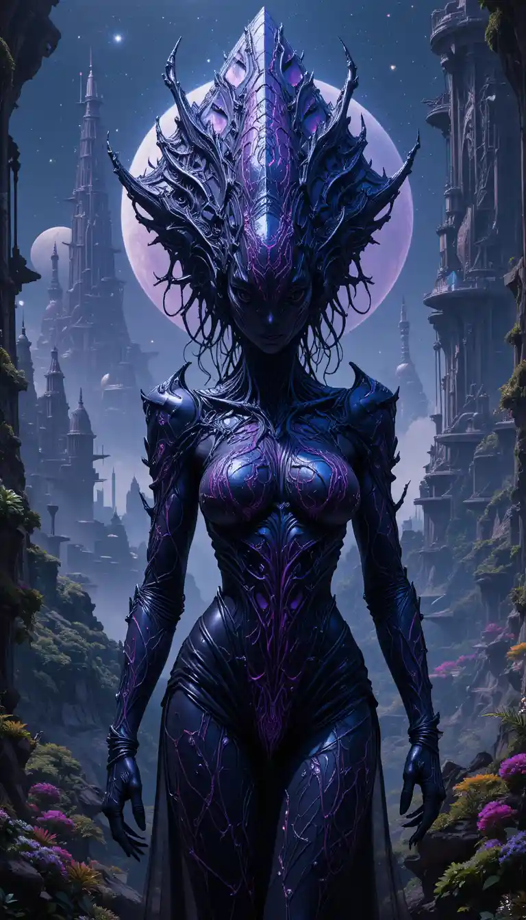 Alien royals in living latex armor above a vast bio city