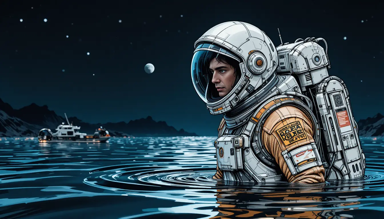Astronauta che fluttua nel mare oscuro sotto un cielo notturno stellato