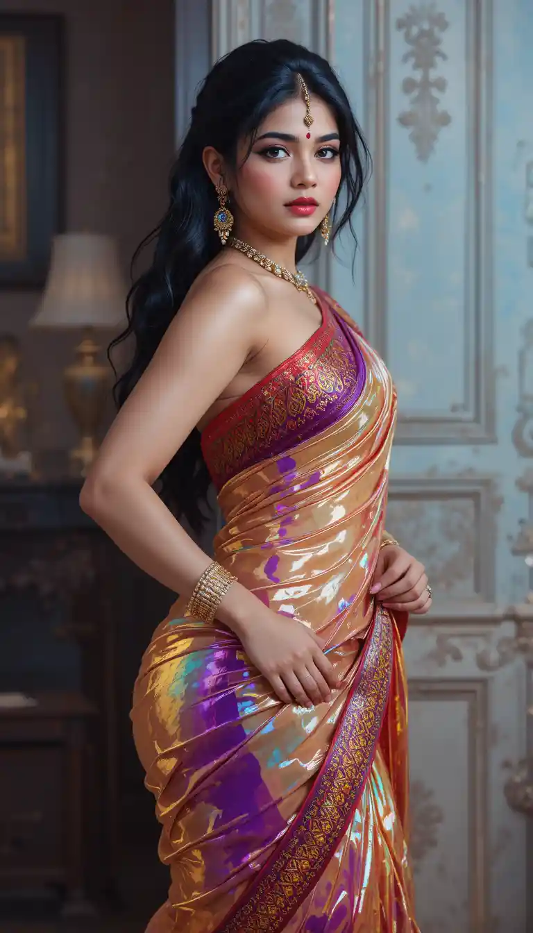 Tamil woman in glossy saree bending in full body pose