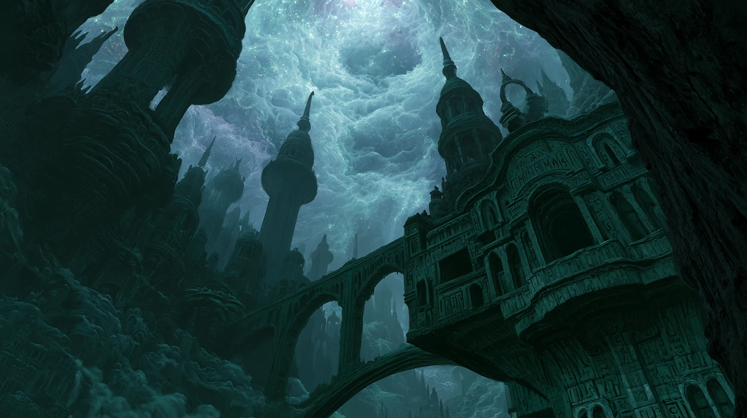 Ancient ruin city above a swirling cosmic abyss