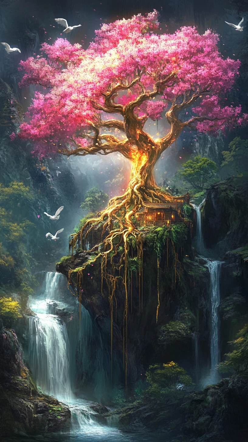 Ancient glowing tree rising through floating mossy islands