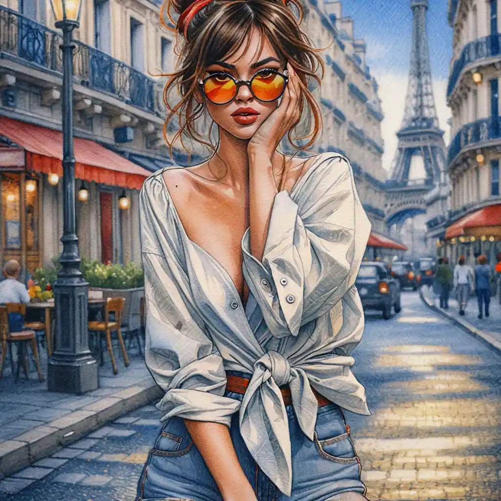 Stylish woman on Paris street in colored pencil illustration