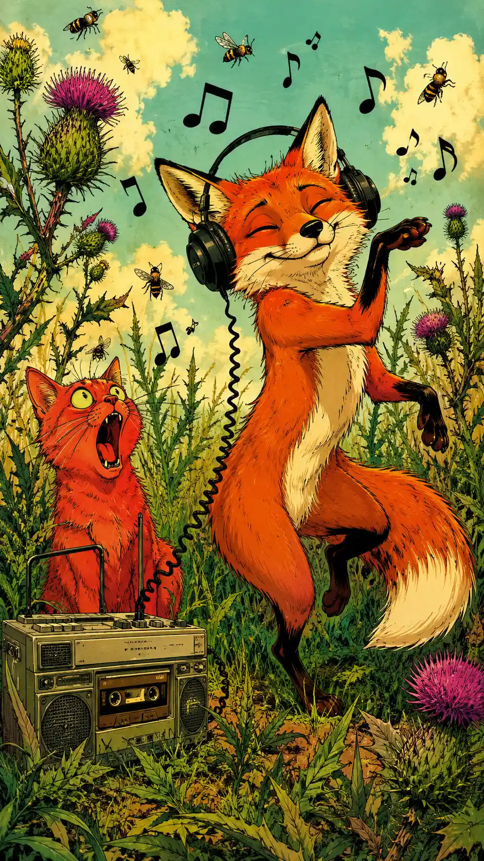 Joyful dancing fox and singing cat in cartoon field