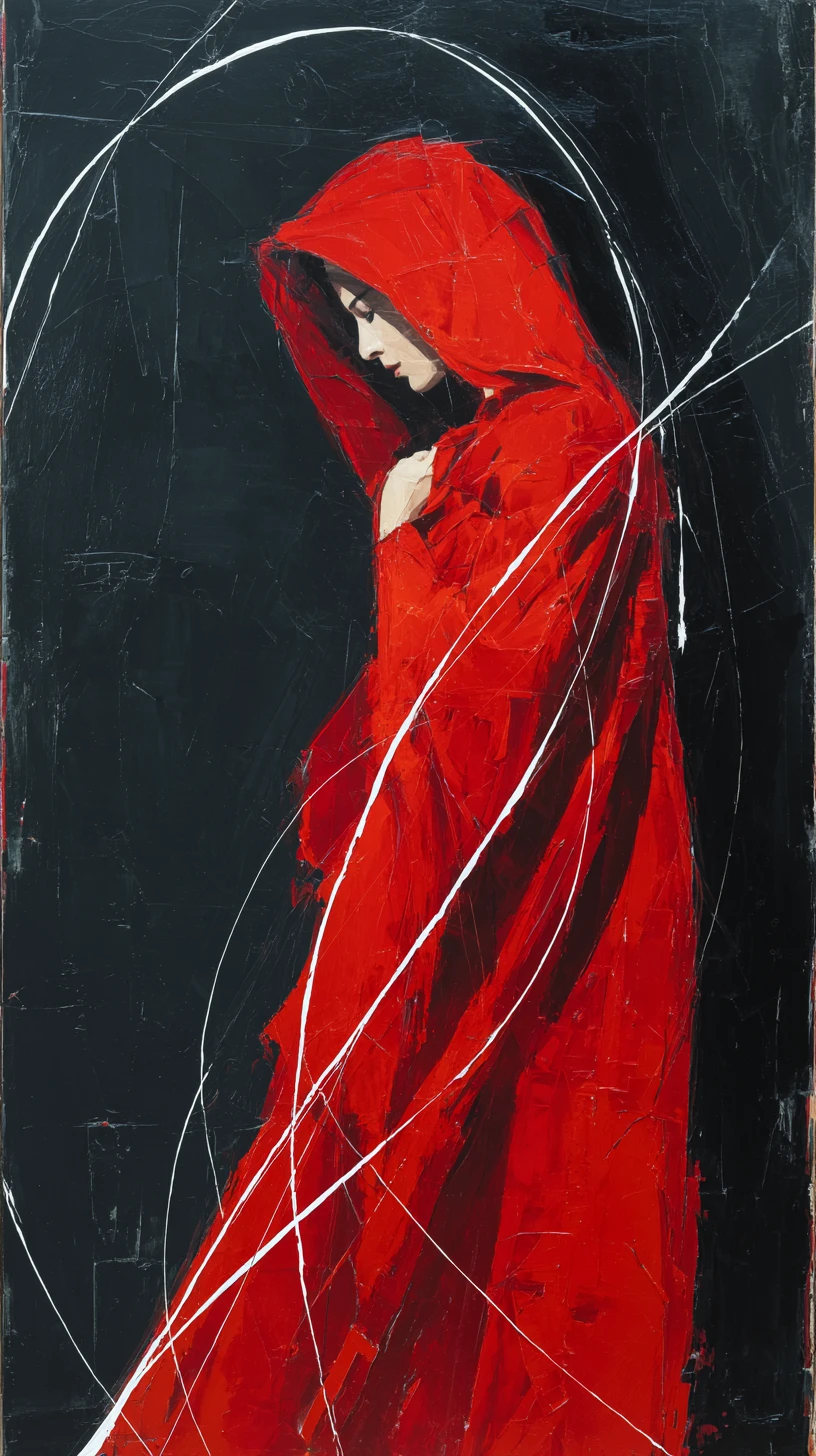 Woman in red shawl emerging from a dark abstract void
