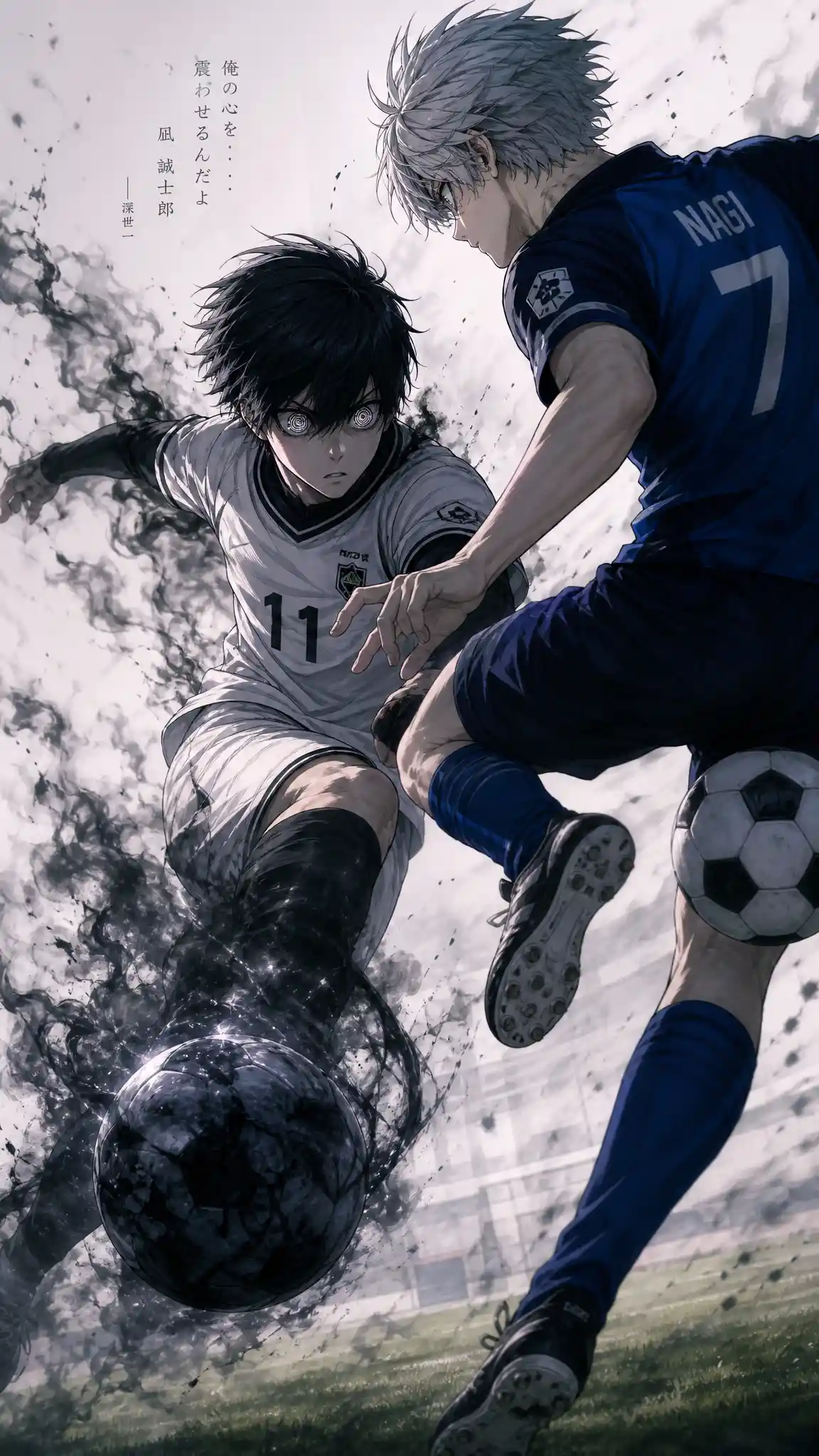 Giocatore di anime dai capelli scuri salta per calciare un pallone da calcio