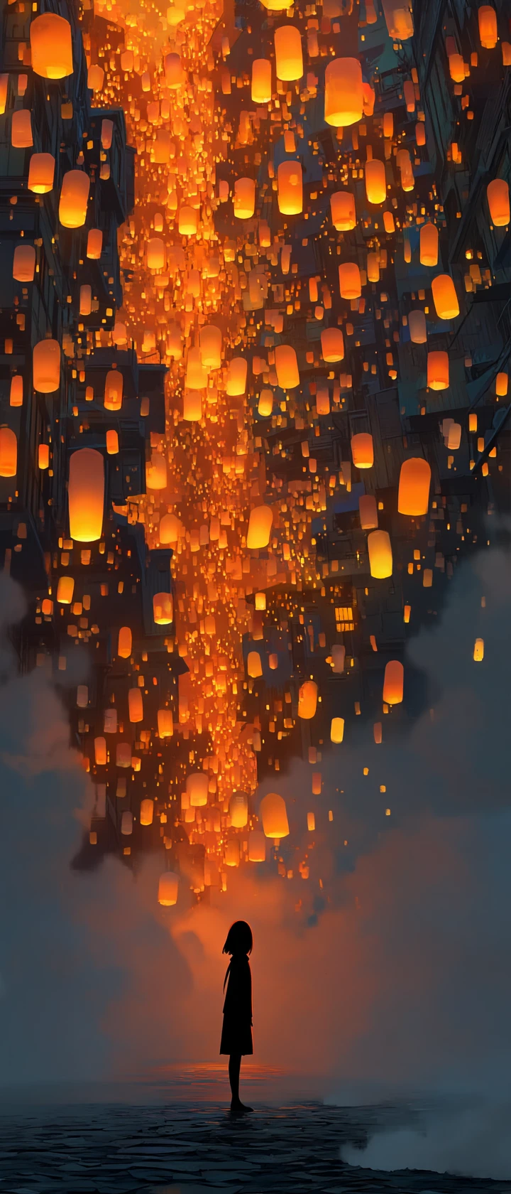 Anime girl watching glowing lanterns rise into the sky